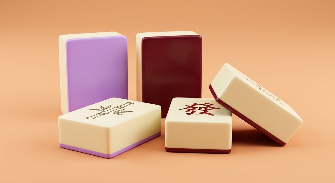A ONE Mahjong set: cream tiles showing a bamboo and a green-dragon face beside lacquer-red and wisteria tiles, on a warm peach ground.